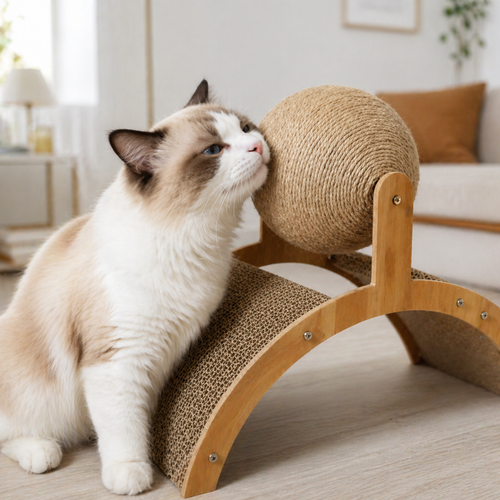 Pootr 2-in-1 Krabwiel™ bamboe krabmeubel met draaiende sisal bol en gebogen golfkarton krabplank, ragdoll kat snuffelt nieuwsgierig aan bol op houten vloer in lichte woonkamer
