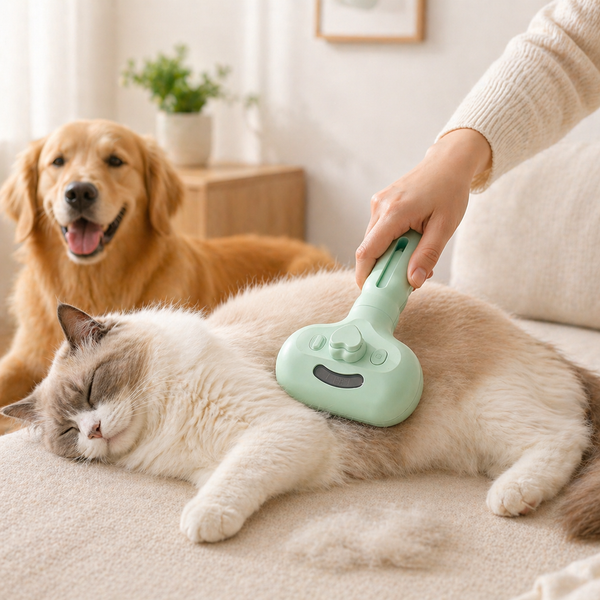 Pootr SteamCare™ mint groene stoomvachtverzorger in gebruik op witte ragdoll kat die ontspannen ligt op beige bank, golden retriever glimlacht op achtergrond in lichte woonkamer