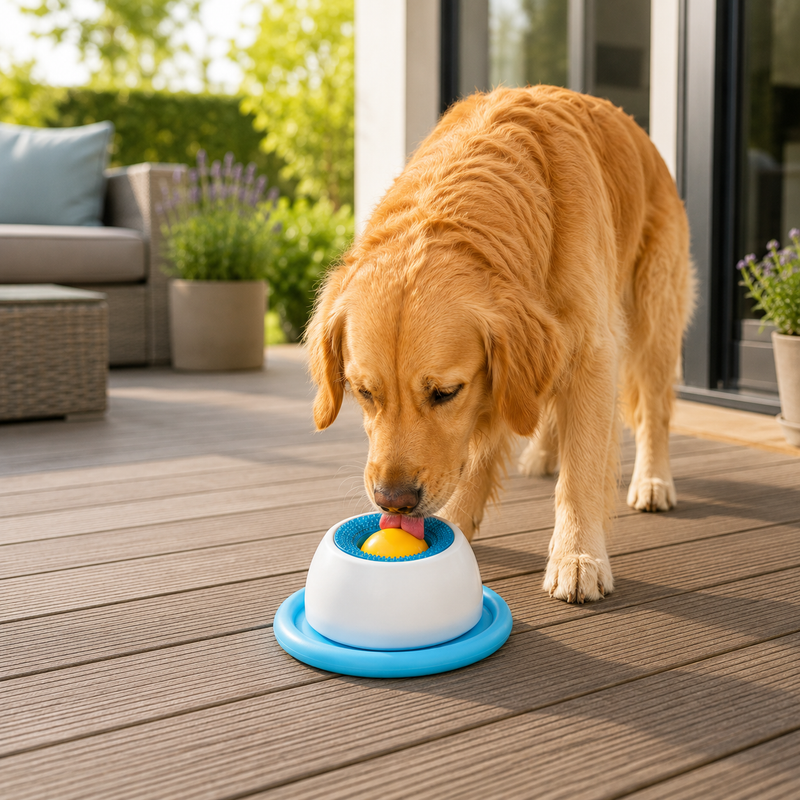Pootr CalmBowl™ wit met blauwe anti-schrok likbal, golden retriever eet rustig op houten terras in zonnige tuin