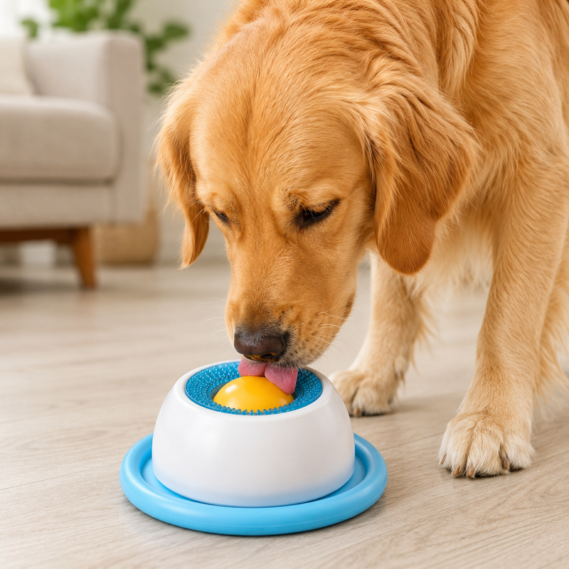 Golden retriever likt geconcentreerd aan gele bal van Pootr CalmBowl™ op houten vloer in woonkamer, anti-schrok en anti-verveling