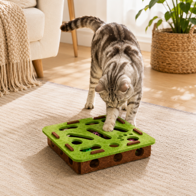 Pootr PurrPlay™ groen interactief kattenpuzzelspel op tapijt, tabby kat zoekt bal door gaten in woonkamer