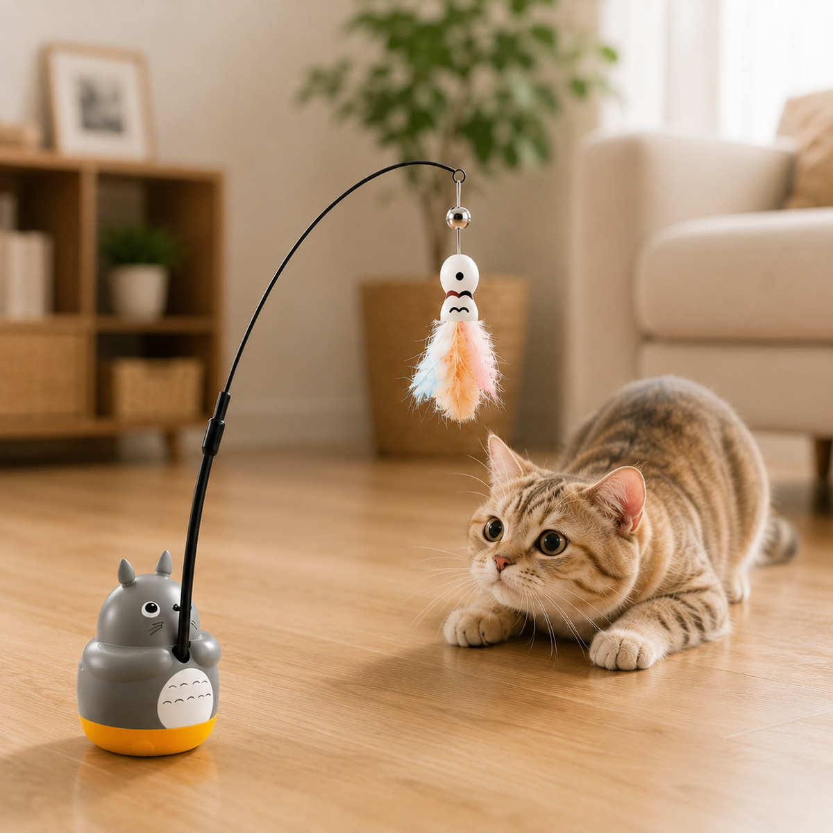 Lichtgrijze kitten slaat met pootje naar kleurrijke veer van Pootr KittyBounce™ op houten vloer in lichte woonkamer