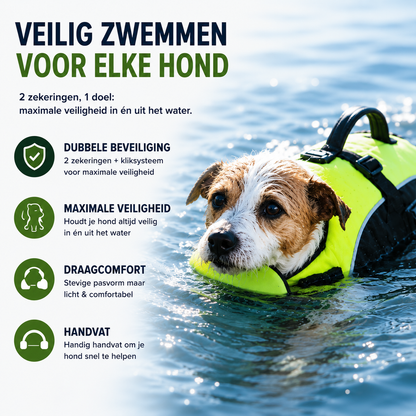 Pootr AquaGuard™ groen hondenzwemvest met dubbele beveiliging, Jack Russell zwemt veilig in open water
