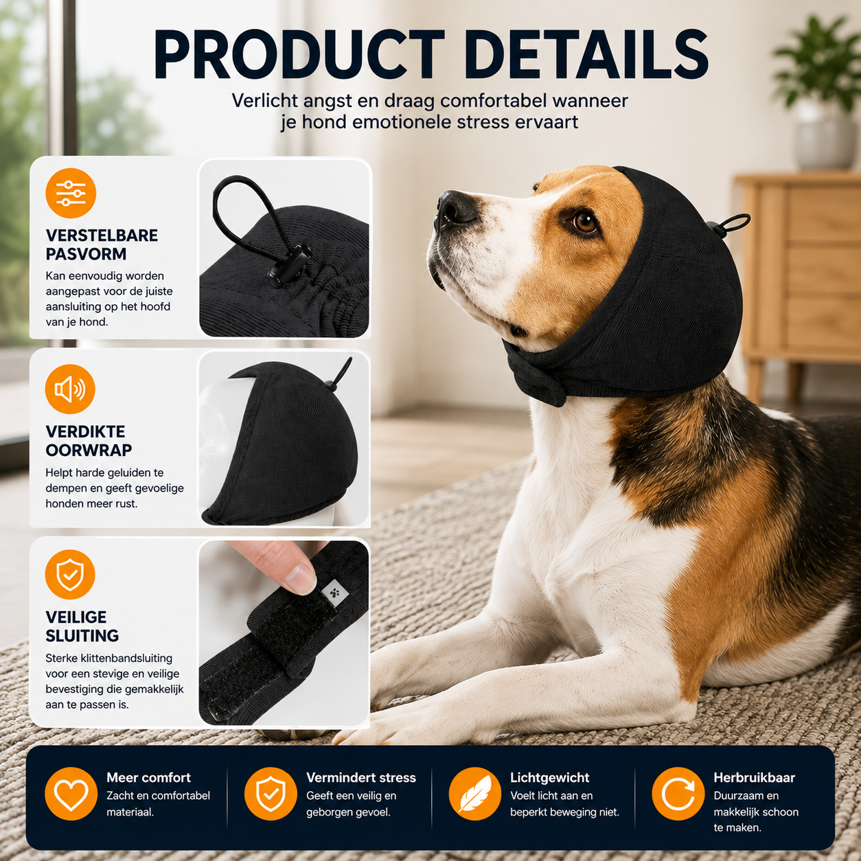 Pootr CalmPaws™ productdetails – verstelbare pasvorm, verdikte oorwrap en veilige klittenbandsluiting