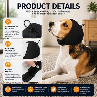 Pootr CalmPaws™ productdetails – verstelbare pasvorm, verdikte oorwrap en veilige klittenbandsluiting