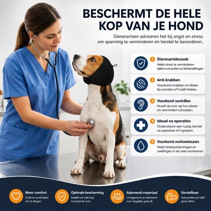 Pootr CalmPaws™ beschermt de hele kop van je hond – ideaal bij dierenartsenbezoek, anti-krabben en herstel na operaties