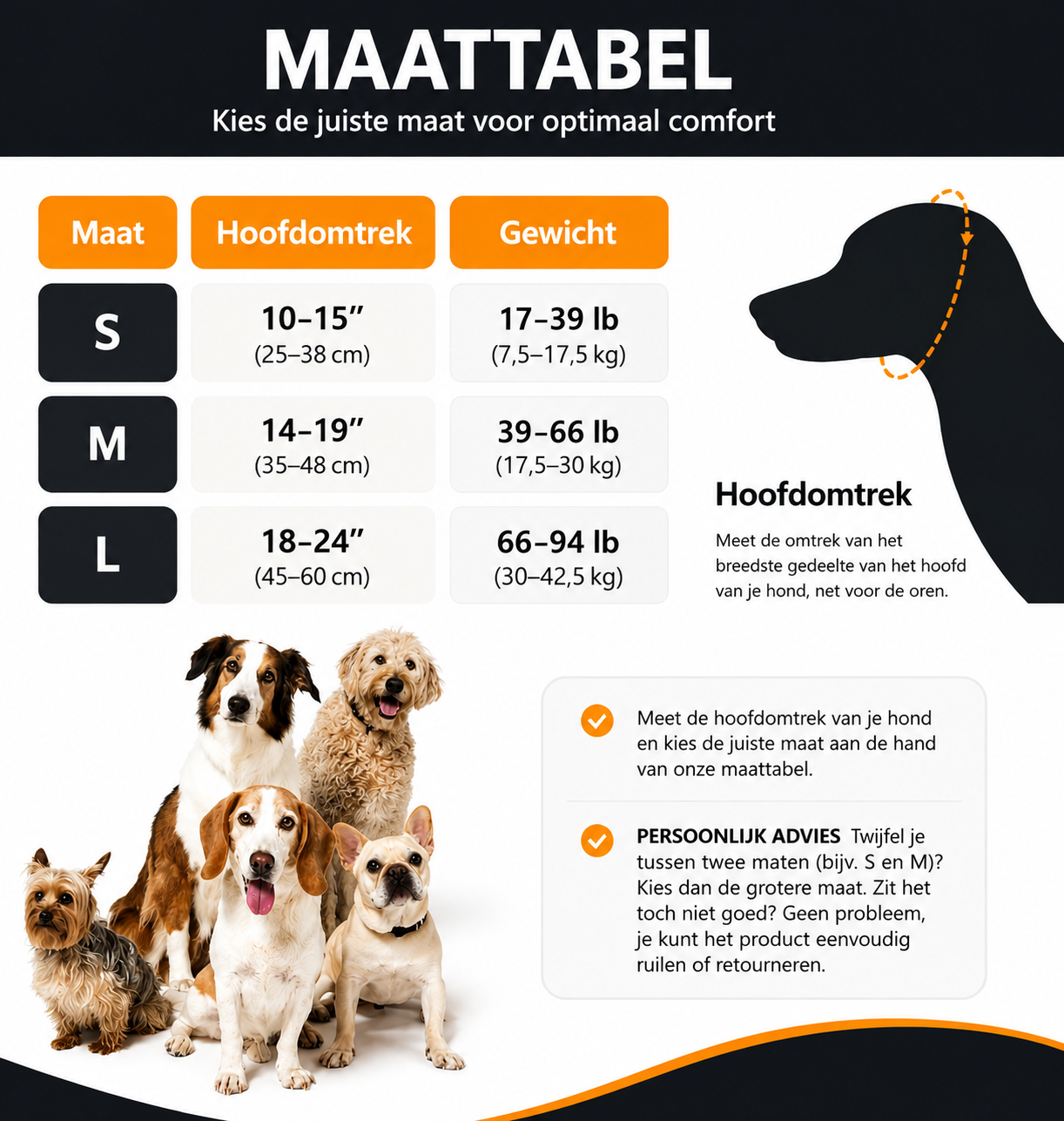 Pootr CalmPaws™ maattabel – kies de juiste maat S, M of L op basis van hoofdomtrek en gewicht van je hond