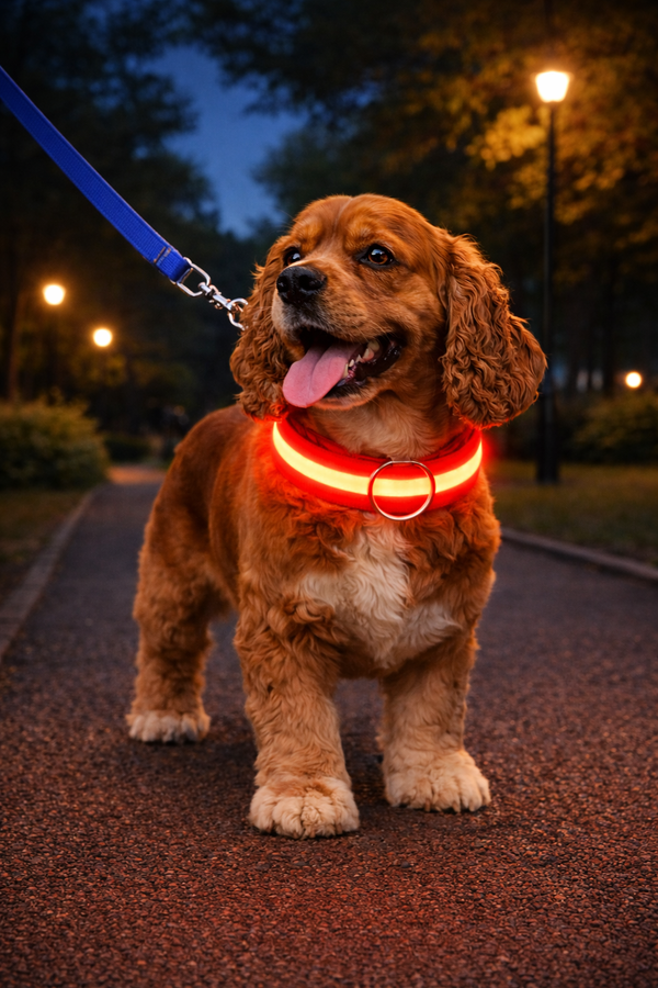 🌙 Zie Je Hond Altijd – LED Veiligheidshalsband voor Donkere Wandelingen.