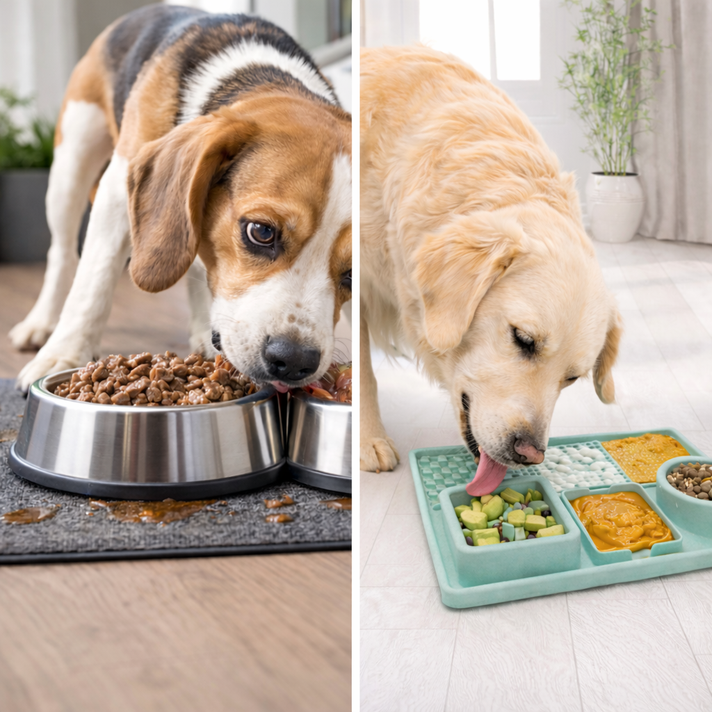 Voor en na: beagle eet slordig en overhaast uit metalen bak vs. golden retriever eet rustig en bewust uit Pootr AntiStress Lick Mat™ mint groen, minder stress en betere spijsvertering