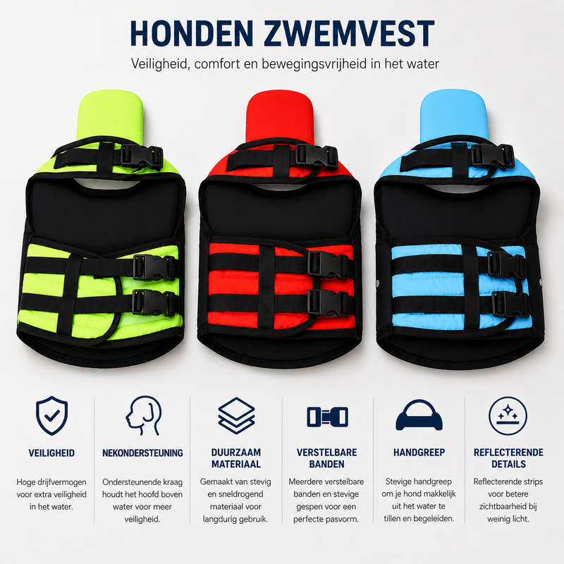 Pootr AquaGuard™ hondenzwemvest in groen, rood en blauw, met nekondersteuning, handgreep en reflecterende strips