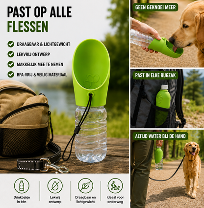 Pootr PawCap™ past op alle flessen, lekvrij ontwerp, ideaal voor wandelen met hond