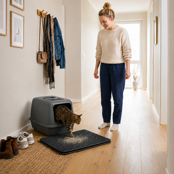 Pootr CleanPaws Mat™ zwart onder grijze kattenbak in hal, tabby kat stapt op mat, vrouw kijkt glimlachend toe