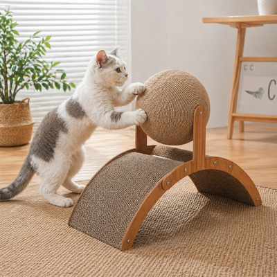Pootr 2-in-1 Krabwiel™ bamboe krabmeubel op jute tapijt, wit-grijze kat staat rechtop en krabt met beide voorpoten aan draaiende sisal bol, golfkarton krabplank onderaan
