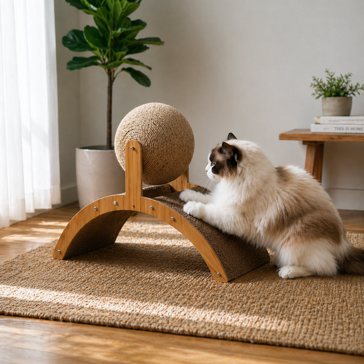 Pootr 2-in-1 Krabwiel™ bamboe krabmeubel op jute tapijt in Scandinavische woonkamer, ragdoll kat krabt actief op gebogen golfkarton plank naast draaiende sisal bol, plant en bank op achtergrond
