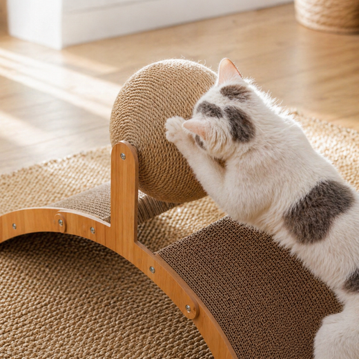Pootr 2-in-1 Krabwiel™ close-up: wit-grijze kat krabt intensief aan draaiende sisal bol op bamboe frame, golfkarton krabplank zichtbaar onderaan op jute tapijt