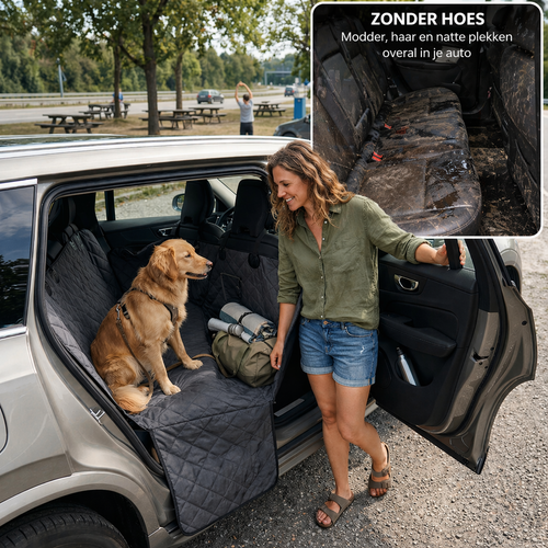 Pootr CleanDrive Honden Autostoelhoes™ zwart op achterbank SUV, golden retriever zit rustig op hoes op parkeerplaats, inzet toont vuile autostoel zonder hoes: modder, haar en natte plekken