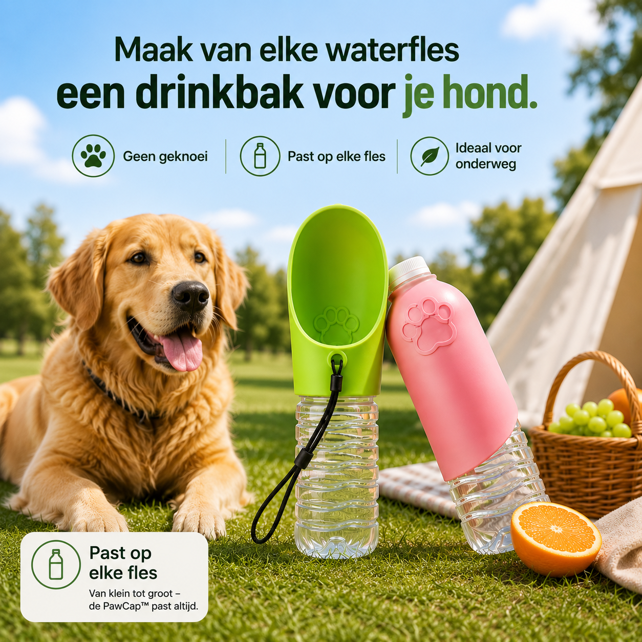 Pootr PawCap™ hondendrinkbak in roze en groen op waterfles, golden retriever op gras buiten